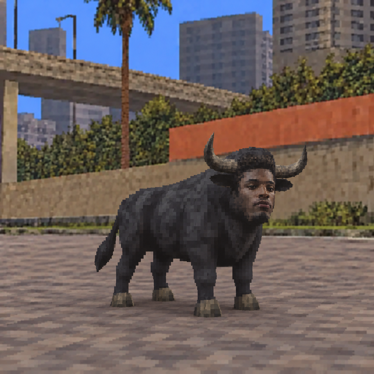 Bull Ansem in his sunlit low-resolution courtyard